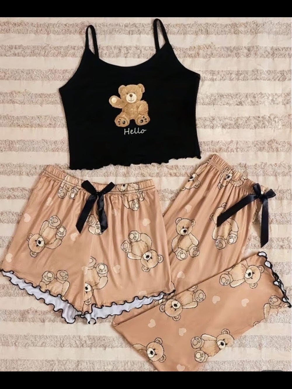Women's Teddy Bear Pajama Set - Black & Beige Sleepwear